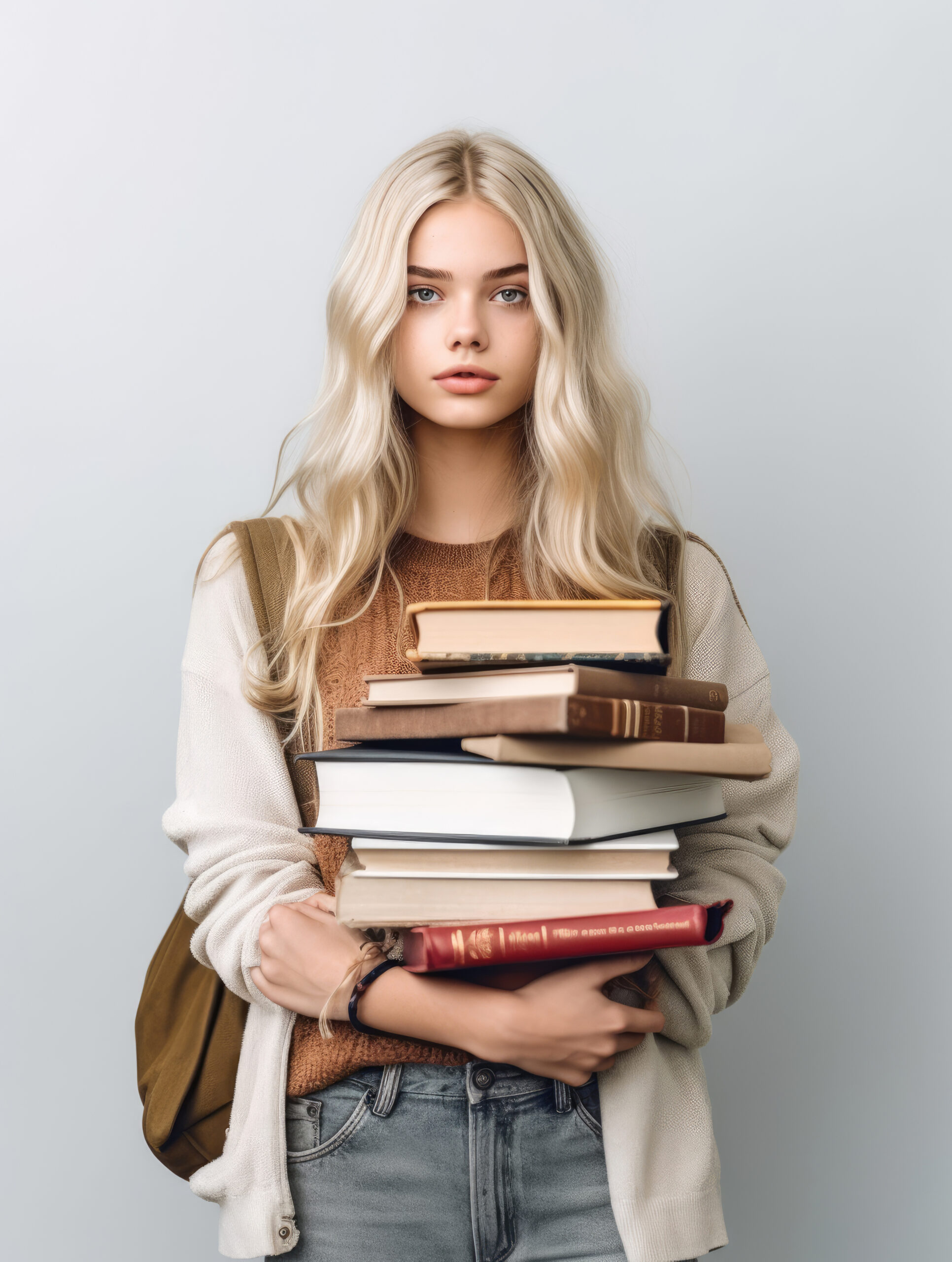 portrait beautiful caucasian teenage girl with books her hand scaled